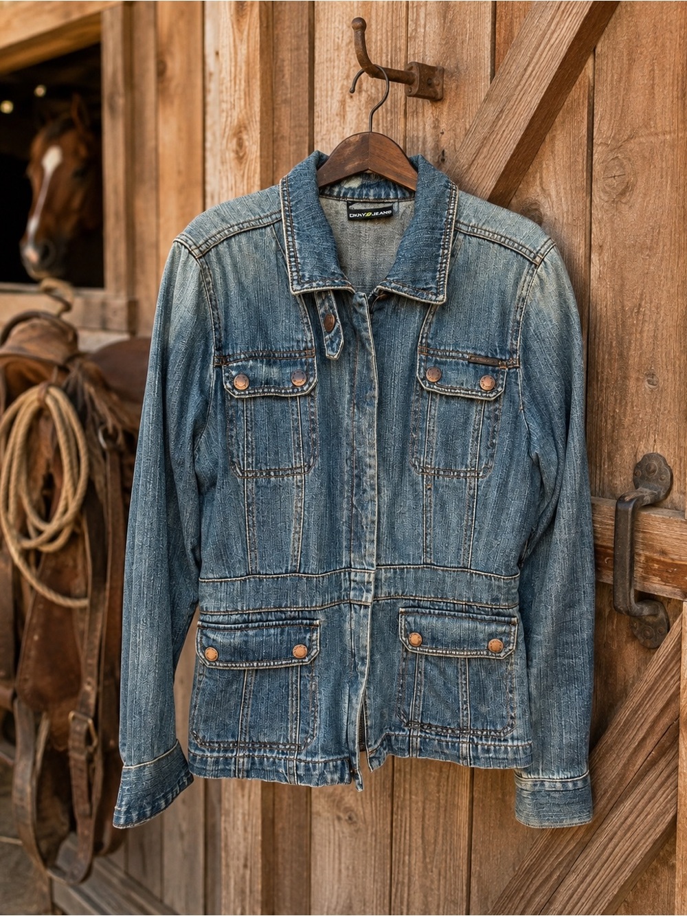 DKNY Fitted Jeans Denim Utility Jacket Women’s Large Blue Western Safari Zip Y2K